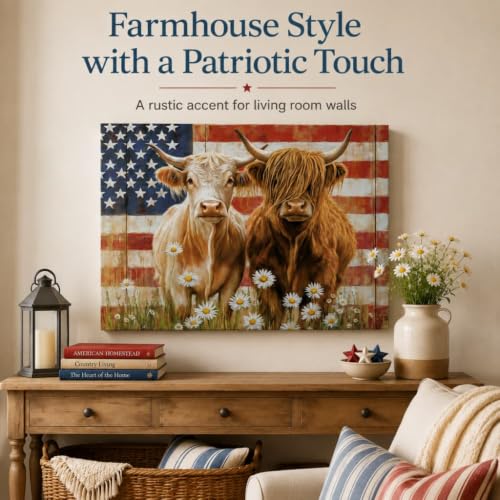 Image of Highland Cow Americana Flag Canvas Print Picture Wall Art for Home Decor | Patriotic Animal, Gallery Wrapped, for Living Room