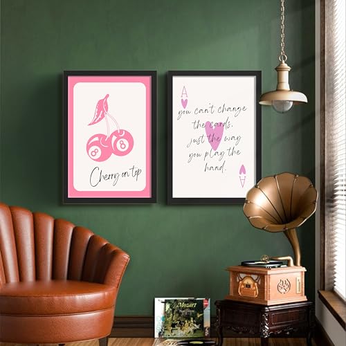 Image of NoWorries Pink Playing Cards Wall Painting Set | Cherry on Top and Ace Quote Art Prints | Aesthetic Card Theme Wall Decor | Premium 300 GSM Paper Print with Synthetic Wooden Frame | Modern Decor for Bedroom & Living Room (Set of 2) (BLACK, ART-4, 10X13INCHES)