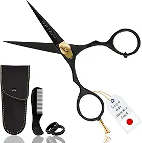 Tesoura de bigode de aço japonês forjado à mão premium para barba e bigode com corte cortado e franja de pelos faciais (preto - 14 cm)