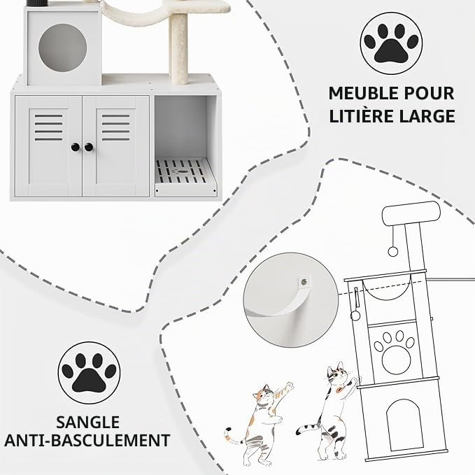 Arbre à Chat avec Meuble Litiere Chat, 140cm Armoire Litiere pour Chat, Niche,Tour de Jeu, Griffoir avec Maison de Toilette, 2 Grandes Plateformes, Balles Suspendues, Blanc