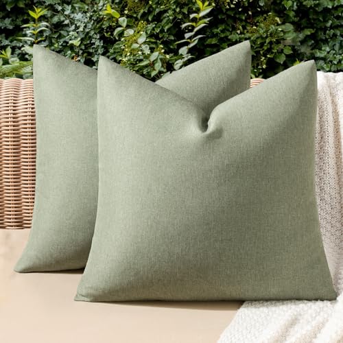 MIULEE Pack of 2 Decorative Outdoor Solid Waterproof Throw Pillow Covers Spring Faux Linen Garden Farmhouse Cushion Cases for Patio Tent Balcony Couch Sofa 18x18 Inch Gray Green