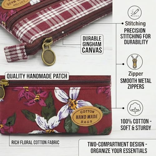 Image of Women Small Zipper Coin Purse, Handmade Fabric Flower Embroidered Change Pouch, Cotton Double Zipper Wallet