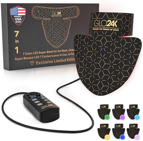 GLO24K LED Neck Mask with 7 Color Modes - Rechargeable Red Light Beauty Mask for Neck, Chest & Décolleté, Adjustable Intensity and Timer for Smoother, Radiant-Looking Skin