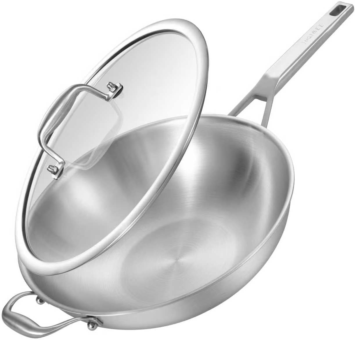 Inqibee 13 Inch Stainless Steel Wok with Lid, Induction Compatible Stir Fry Wok Pan, Long Handle & Helper Handle, Tri-Ply Construction, Works on All Stovetops, Oven & Dishwasher Safe
