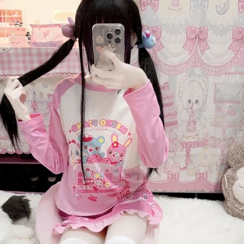 Sweet Cartoon Print Pink O-Neck T Shirts Women Long Sleeve Tees Y2k Aesthetic Grunge Cropped Tee2