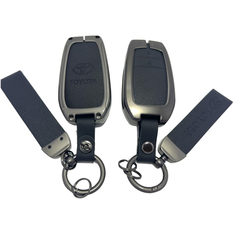 Image of Zinc Metal Alloy Leather Car Key Cover & Case Black with Keychain & Holder fit for Toyota Fortuner, Legender, Innova Crysta, HyCross, Land Cruiser, Hilux (2 BT Push Smart)