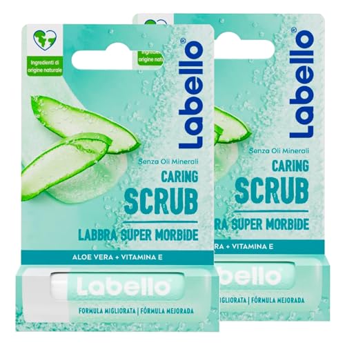 Labello Scrub Idratante Aloe Vera Bio Burrocacao Labbra con Particelle Esfolianti con Vitamina E Esfoliante Senza Oli Minerali e Microplastiche - 2 Stick