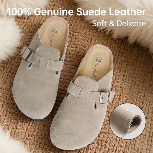 Women's Men's Suede Clogs Leather Mules Cork Footbed Sandals Comfort Potato Shoes with Arch Support(with Socks)4