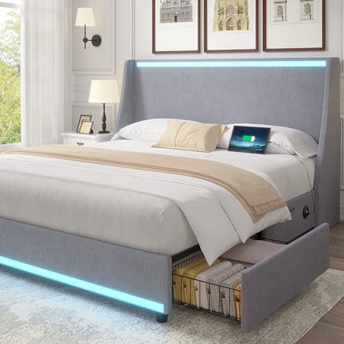 VECELO Full Size Bed Frame with Storage Drawers, Upholstered Platform