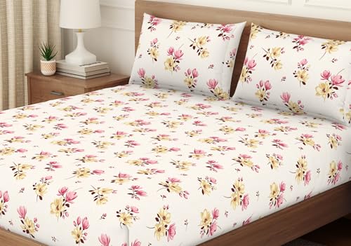 Image of Welspun ENZO King Size Fitted Bedsheet with 2 Pillow Covers | 360 Elastic | 100% Pure Cotton | 72 x 79 Inches | Soft, Breathable, Lightweight & Easy Care | Summer Melon