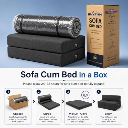 Image of Rhythm Foldable Sofa Cum Bed | 3 Seater Sofabed with 2 Cushions High-Density Foam 3-in-1 Convertible Sofa Cum Bed for Living Room & Bedroom | Jute Fabric Washable with 3 Years Warranty (72x60)