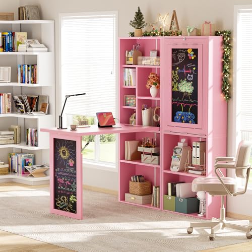 Image of Armocity Small Folding Desk with Outlets, Convertible Writing Desk for Small Spaces /Home Office /Craft Room, Multi-Function Desk Workstation with Blackboard, Fold-Out Cabinet Table, Pink