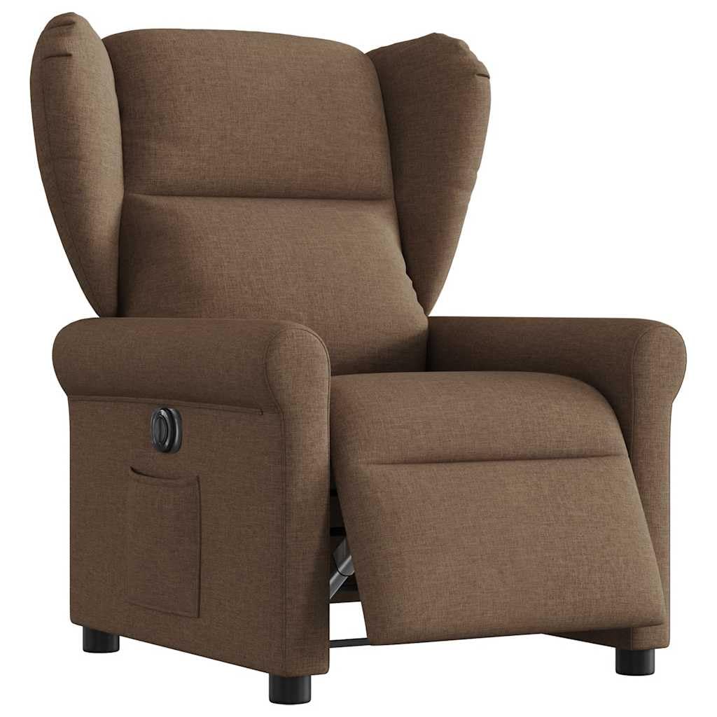 Sillón de relax eléctrico de tela marrón con función reclinable y respaldo ajustable, acolchado con reposabrazos, sillón ergonómico de madera y metal para salón, rincón de lectura, oficina