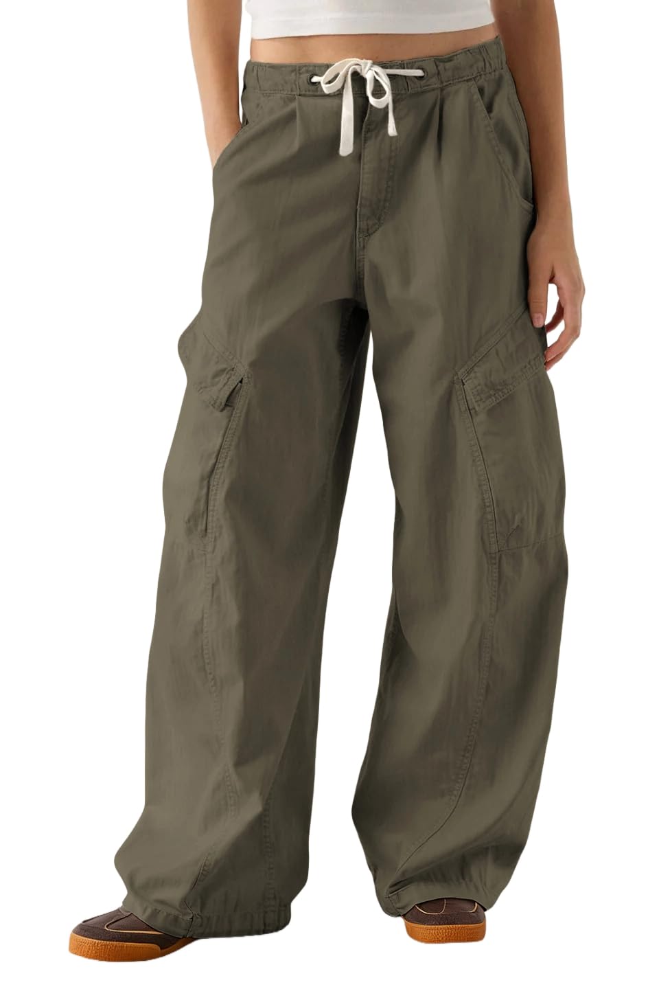 Majdan Womens Barrel Leg Cargo Pants Elastic Waist Wide Leg Palazzo Pants with 6 Pockets Drawstring Baggy Y2K