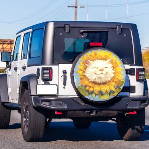 Image of Dujiea White Smiling Cat Like Sunflower Spare Tire Cover, Universal Wheel Tire Cover Waterproof Dust-Proof Tire Protectors for Trailer Rv SUV Truck Camper and Many Vehicle 14 15 16 17 Inch