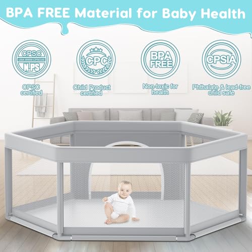 Image of Fshibila 65 inch x65 inch Hexagonal Baby Playpen, Baby Playard for Babies and Toddlers, BabyFence Play Pens for Indoor & Outdoor, Sturdy Safety Play Yard with Soft Breathable Mesh, Anti-Fall, Grey