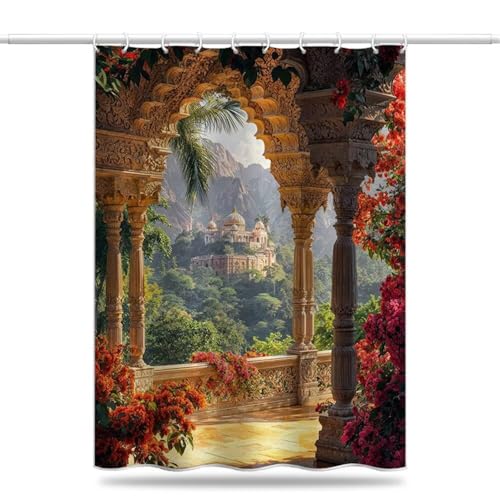 Cortina Ducha Castillo 120x180 cm, Cortina de Ducha Flores Columnas Romanas Lavable de Poliéster, Cortinas de Baño Impermeable Antimoho con Ganchos, Cortinas Bañera para Baño, Secado Rápido (LB963)