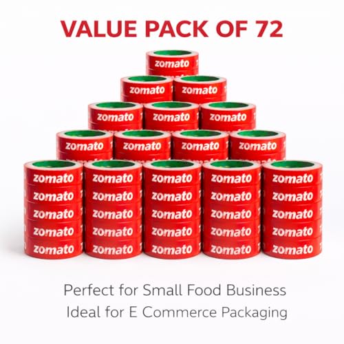 Image of Zomato Food Packing Tape 24 mm 1 Inch x 65 Meter Pack of 72 Rolls | Strong Adhesive Packing Tape for E-Commerce and Small Food Business Use