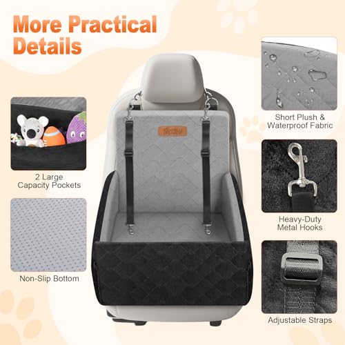 Tivray Erhöhter Hundesitz fürs Auto, Hunde Autositz für kleine & mittlere Hunde bis 16 kg, Abnehmbar & Waschbar, Memory Foam Hundesitz mit 2 Taschen & 3 Sicherheitsgurten, Schwarz+Grau