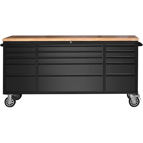 72" Heavy-Duty Rolling Tool Chest & Garage Workbench with 15 Drawers, Steel Cabinet, Rubber Wood Top, Key Locking System, Drawer Liners, On Wheels for Warehouse Repair Shop, Black