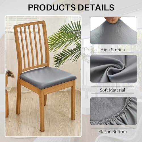 Image of SearchI Waterproof PU Leather Seat Covers for Dining Chairs, 4 Pack Stretch Dining Room Chair Seat Covers, Kitchen Chair Seat Covers Protectors (Grayish)