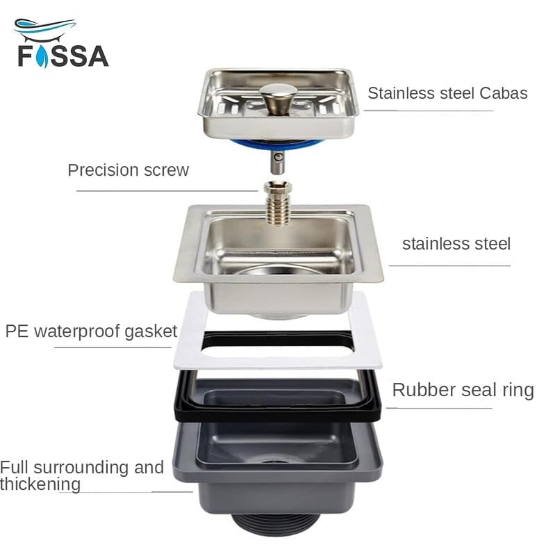 Fossa Square Kitchen Sink Waste Coupling with Pipe | 304 Stainless Steel Drain Strainer with Filter Basket | Anti-Clog Floor Drain Trap with Rubber Seal & Flexible Waste Pipe | Rust Resistant 3