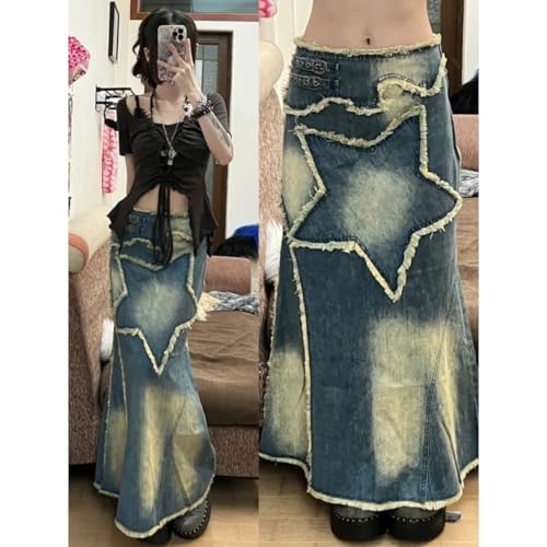 Women's Star Patch Flared Jeans Frayed Distressed Retro Style Loose Fit Maxi Skirts High Waist Denim Skirts Y2K2