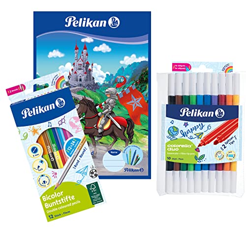 Pelikan Colorella 973172 Fasermaler Duo 10 Farben (+ 12 Bicolor Buntstifte & Malblock A4)