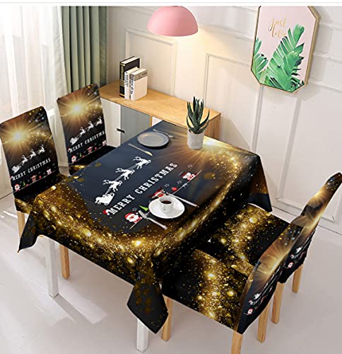 eBoutik - Mantel de Navidad premium - Protector de mesa impermeable de lujo 2023 para decoración de cocina, 4 fundas de silla, 140 x 180 cm (negro y dorado Feliz Navidad) Cover