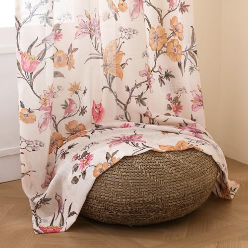 Image of Story@Home Sheer Curtains 8 Feet Long Set of 2 | Floral Printed | Semi Transparent Net Curtain | Semi Long Door Curtain for Living Room | (118 X 242 Cm, Cream & Pink) | Perfect for Home Decor