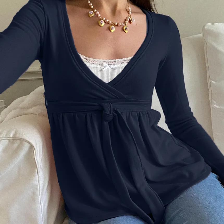 Y2k Long Sleeve Babydoll Top Women Fairy Grunge Shirt Lace Trim Vintage Downtown Girl T Shirts - Image 5