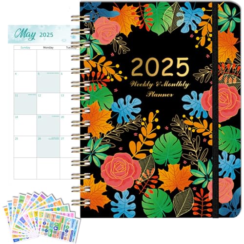 Calendario mensual 2025, planificador semanal y mensual 2025 de enero a diciembre, planificador mensual A5 con pestañas, calcomanías, encuadernado en espiral, páginas de notas, cierre elástico,