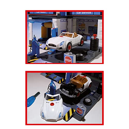 Theo Klein 8647 Bosch Car Service Station | Mit Waschanlage und höhenverstellbarer Hebebühne | Inklusive demontierbarem Auto | Maße: 41 cm 39 cm 29 cm | Spielzeug für Kinder ab 3 Jahren