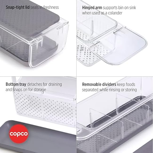 Copco Over the Sink Colander and Fridge Storage Bin with Folding Handle for Rinsing and Storing Fruits and Vegetables, Clear/Gray