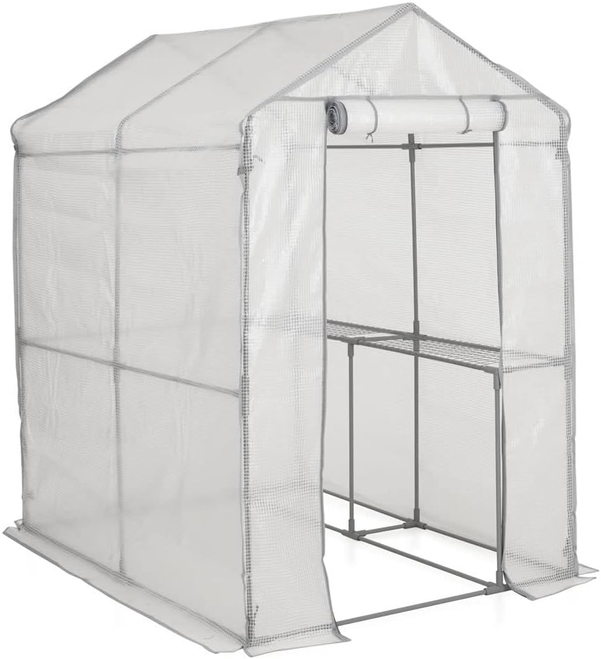 wilko Walk-in Greenhouse - Compact Design - With Removable Cover and Shelf Staging - Easy to Assemble - Made from Polyethylene - Outdoor Roll Up Zip Panel Door - Weatherproof