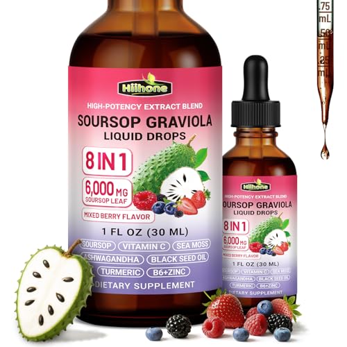 Image of 2 Pack | 8-in-1 Soursop Bitters Liquid Drops, Mixed Berry Flavor, 1 fl oz | Alcohol-Free, Soursop Leaf Extract Drops, Sea Moss, Ashwagandha & Turmeric, Immune, Liver, Antioxidant & Sleep Support