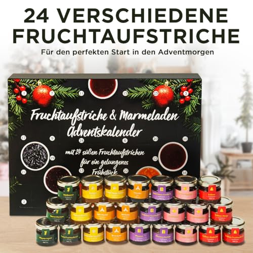Adventskalender 2025 Marmelade, 24 verschiedene Fruchtaufstriche im Glas á 25g, Frühstück Adventskalender 2025, Frühstückskalender für Weihnachten