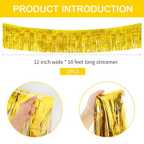 Image of BEISHIDA 3 Packs 30 Feet Metallic Foil Fringe Garland Tinsel Streamers，Shiny Gold Wall Hanging Tinsel Fringe Banners for Wedding Birthday Party Decoration Halloween Christmas New Year