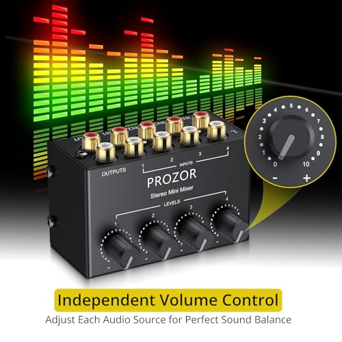 Image of PROZOR 4-Channel Stereo Audio Mixer, RCA Input with Independent Volume Controls, Metal Housing, Ultra Low Noise, for TV /PC Mixing, Home Studios, DJ Performances - No Power Required, Plug and Play