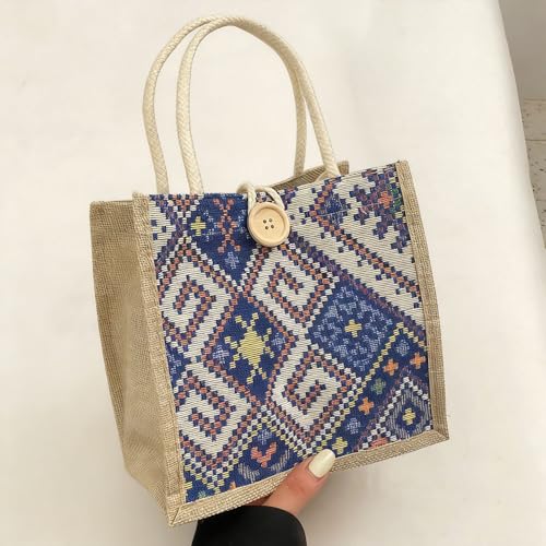 Bolsa de mão feminina casual de juta bordada personalizada bolsa bento reutilizável sacolas de compras, Azul, One Size