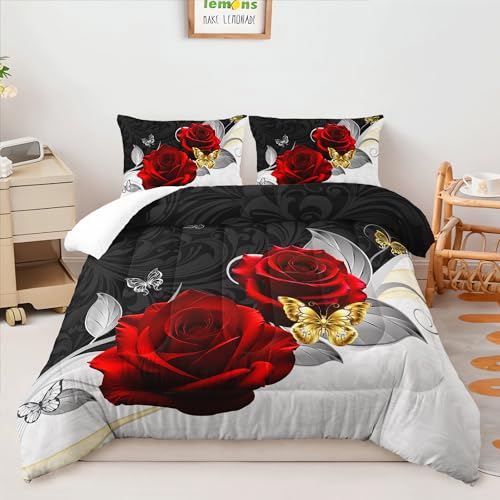 Image of AILONEN Black and White Comforter Set Queen Size,Romantic Red Rose Bedding Set for Room Decor,Couple Love Soft Microfiber Duvet Set 3 Piece,Lightweight Comforter with 2 Pillowcases