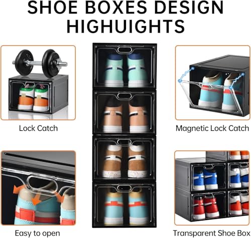 Image of INSTY 12 Pack Large Shoe Storage Box, Clear Shoe Storage Organizer with Magnetic Door, Stackable,Shoe Containers For Display Sneakers, Easy Assembly, Fit up to US Size 12, Black