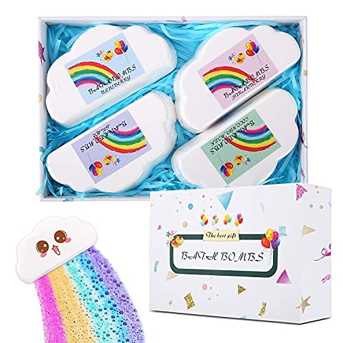 Rainbow Bath Bombs, BINWO Bath Bombs Gift Set with Natural & Organic Ingredients, Handmade Cloud Bath Bombs with Bubble Effect for Women, Best for Valentine, Birthday, Xmas, Mother's Day Gift, 4 Pack