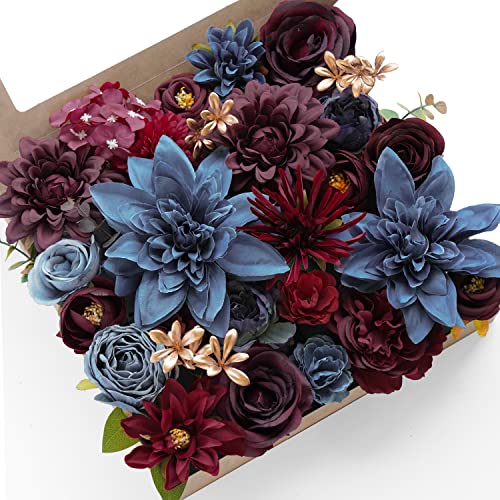 Udoula Burgundy Artificial Flowers Combo Pack, Faux Navy Blue Flowers Wedding Combo For Diy Wedding Bouquets Combo Arrangements Party Bridal Baby Shower Centerpieces #TOP20