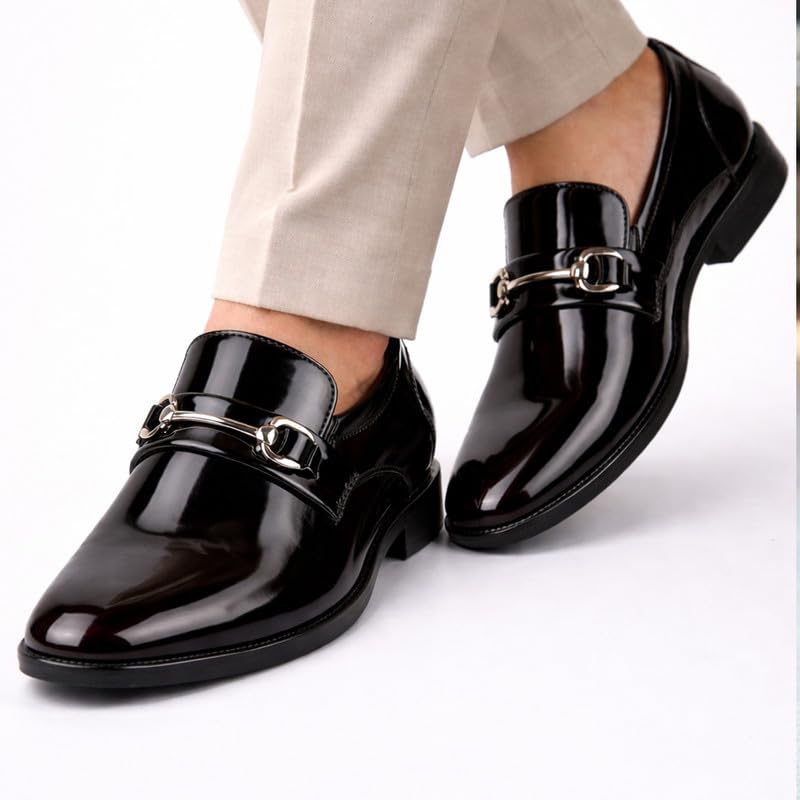 Image of FAUSTO Men Horsebit Buckle Patent Leather Party Formal Slip On Shoes | Extra Cushioned Insole Tuxedo Loafers for Wedding, Reception, Cocktail