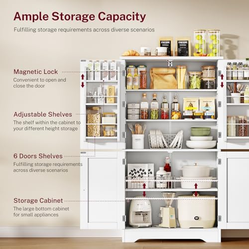 Image of TEENFON 51 inch H Pantry Cabinet with 4 Doors, Kitchen Cabinet with 6 Door Shelves, Storage Cabinet for Living Room, Dining Room, Bathroom, White