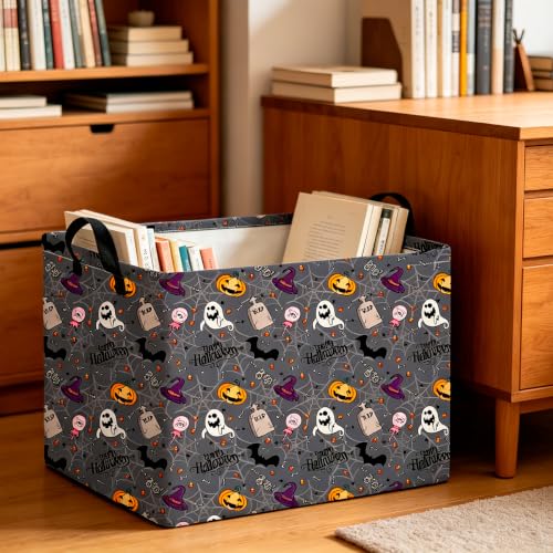 Image of CLOCOR Rectangular Storage Basket,Collapsible Cute Pattern Storage Bin,Waterproof Books Box with Handles,Gift Basket(Grey Tombstone Halloween)
