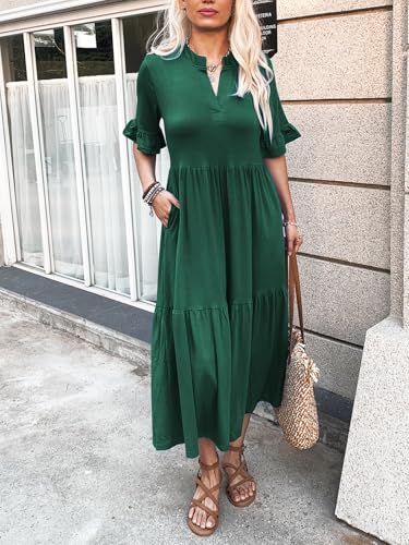 Image of Mieazom Short Sleeves Maxi Dress for Women A Line Summer Dress V Neck Casual Loose Tiered Long Dresses with Pockets