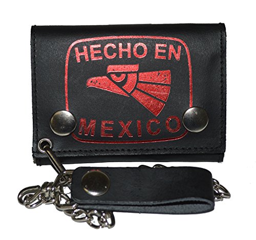 Leatherboss Genuine Leather Trifold Designer Mecho in Mexico Biker Chain Wallet Credit Card Cash with ID Holder, Black