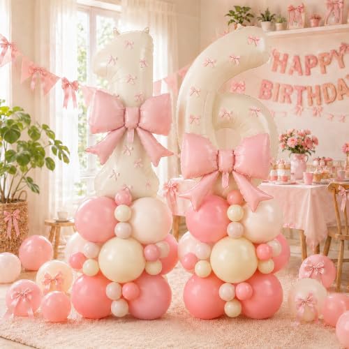 Image of 40 Inch Pink Beige Number 6 Balloon Tower with Bow 6th Birthday Decorations